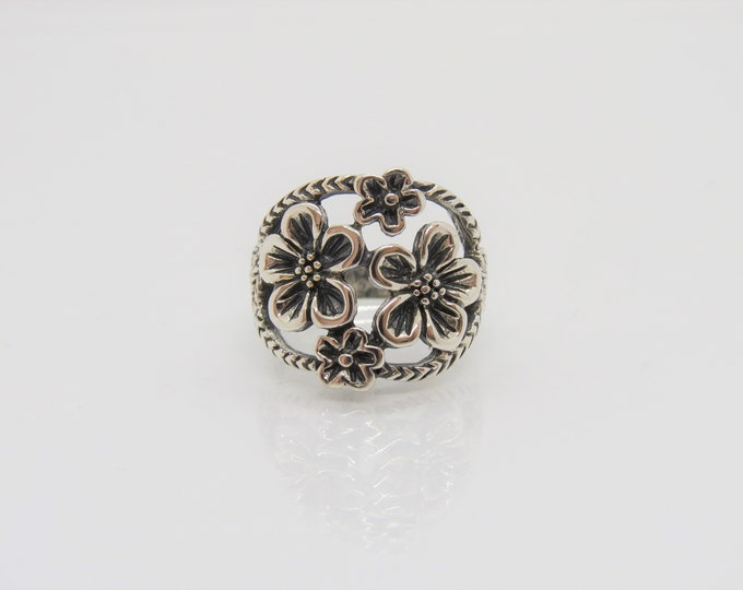 Vintage Sterling Silver Flowers Filigree Ring Size 7