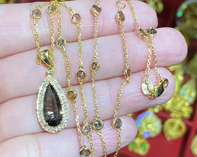 Vintage 14K Solid Yellow Gold Natural Smoky Topaz, Diamond Pendant Necklace 18''