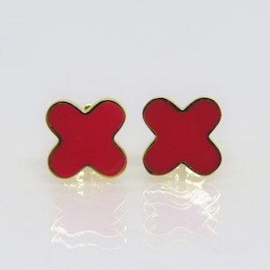 18K Solid Yellow Gold Red Enamel Vintage Earrings