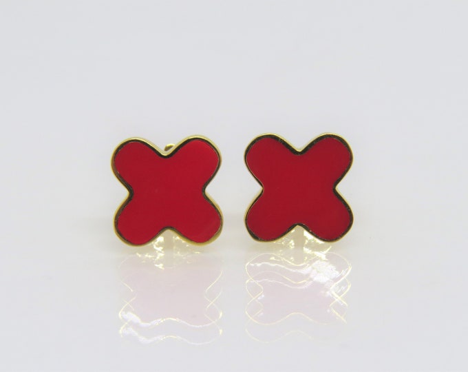 18K Solid Yellow Gold Red Enamel Vintage Earrings