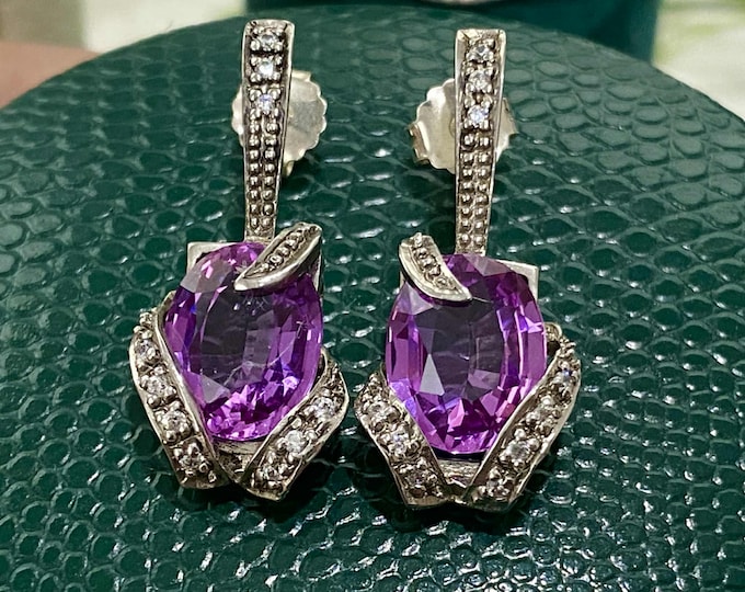 Vintage Sterling Silver Oval cut Pink Purple Sapphire & White Topaz Earrings.