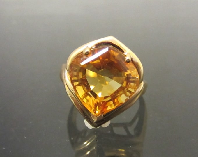 Vintage 14K Solid Yellow Gold 12ct Genuine Citrine Cocktail Ring Size 6.25