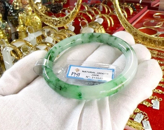 Vintage Translucent Natural Green, White Jadeite Jade Bangle Bracelet 57.7MM