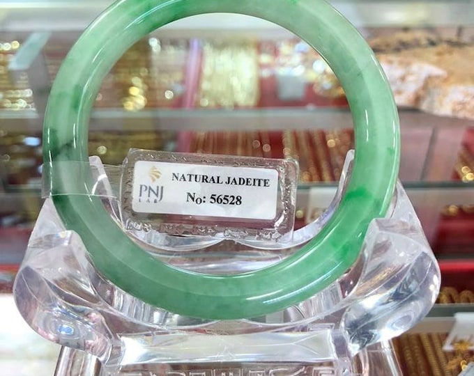 Translucent Natural Green, White Jadeite Jade Vintage Bangle Bracelet 54.7MM