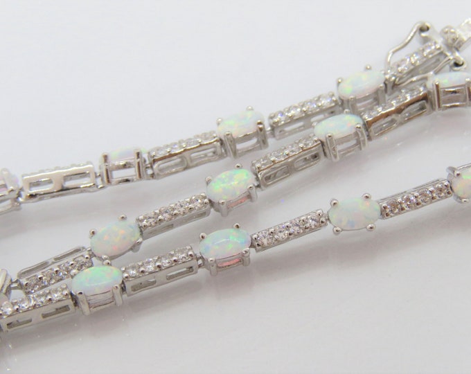 Vintage Sterling Silver Oval White Opal & White Topaz Link Bracelet 8''