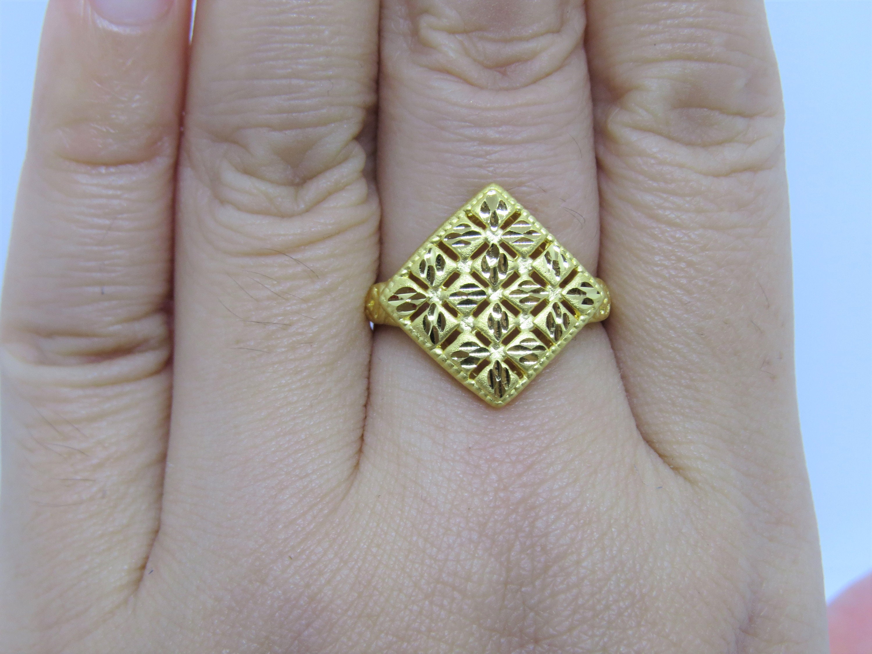 Unique Gold Men Band Ring, Embossed Four Leaf Clover Mens
