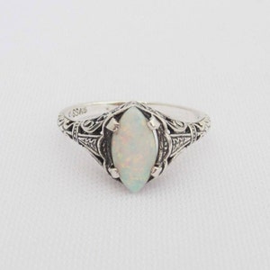 Vintage Sterling Silver White Opal Filigree Ring Size 8