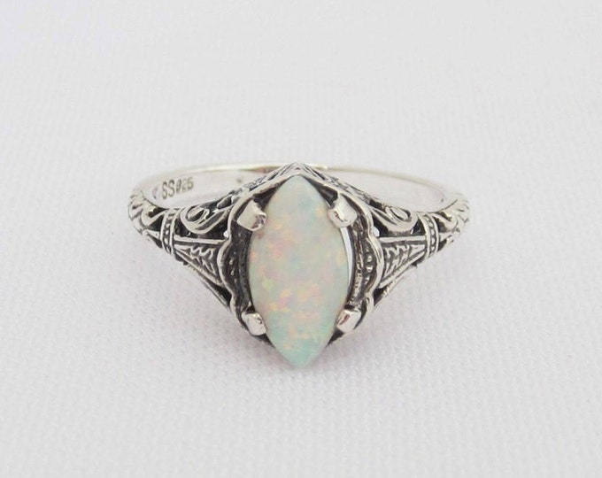 Vintage Sterling Silver White Opal Filigree Ring Size 8