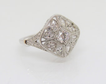 Vintage Sterling Silver White Topaz Filigree Dome Ring Size 8