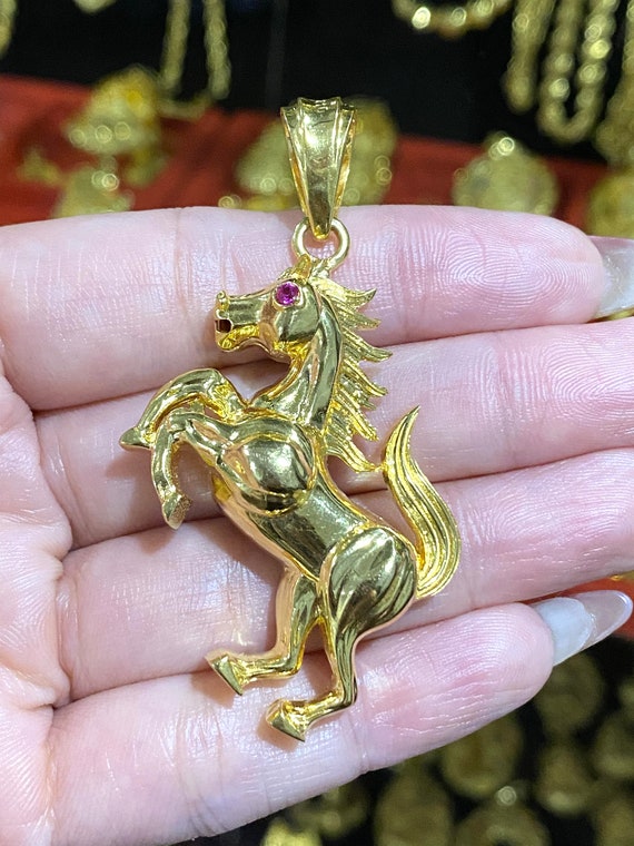 Vintage 15K 610 Solid Yellow Gold Ruby Horse Pend… - image 1