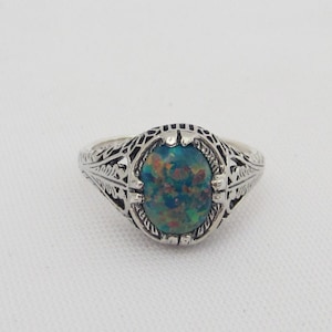 Vintage Sterling Silver Oval Black Opal Filigree Ring Size 9