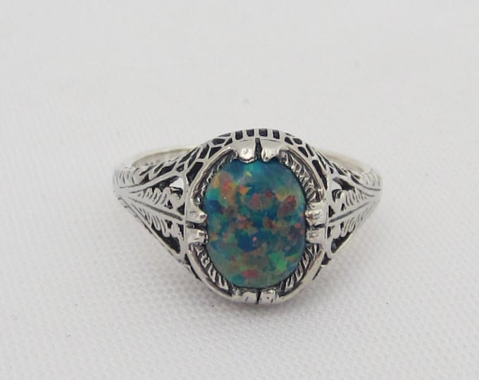 Vintage Sterling Silver Oval Black Opal Filigree Ring Size 9