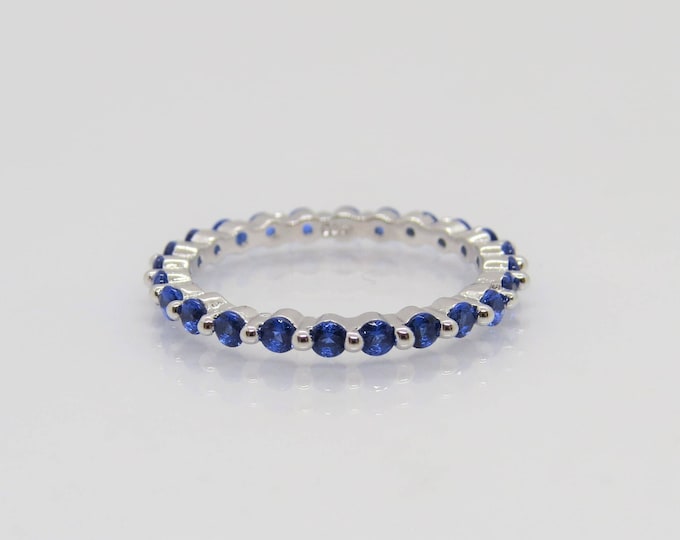 Vintage Sterling Silver Round cut Blue Sapphire Eternity Band Ring Size 9
