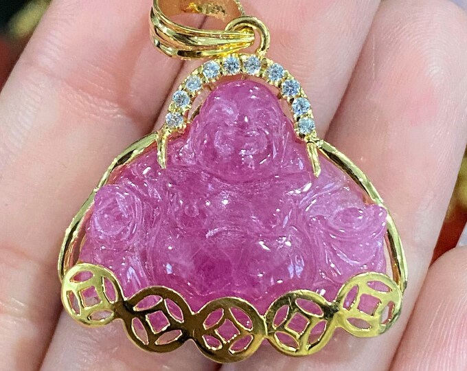 Vintage 18K Solid Yellow Gold 42.20ct Natural Ruby & White Topaz Laughing Buddha, Happy Buddha Money Coin Pendant