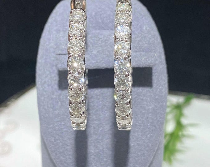 Vintage 14K Solid White Gold 5.04ct White Topaz Hoop Earrings 35MM