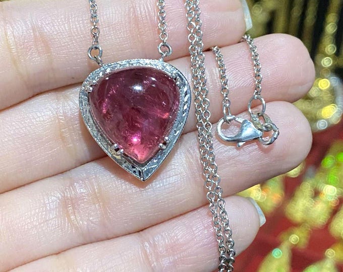 Vintage 14K 585 Solid White Gold 15.0ct Natural Tourmaline Filigree Pendant Necklace 18''