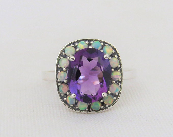 Sterling Silver Amethyst & White Opal Halo Ring Size 9