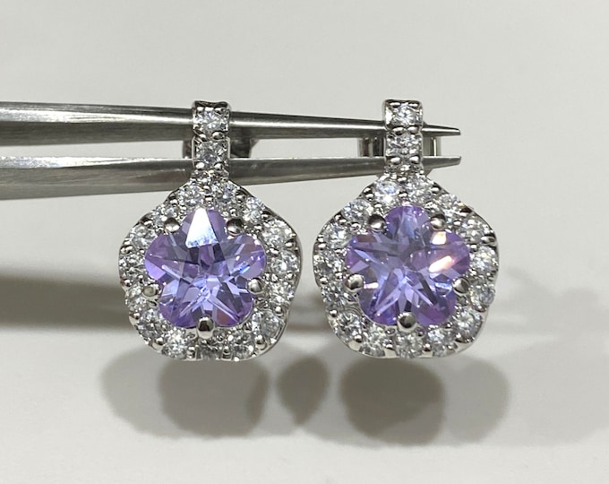 Vintage Sterling Silver Star cut Light Purple Amethyst & White Topaz Flower Earrings.