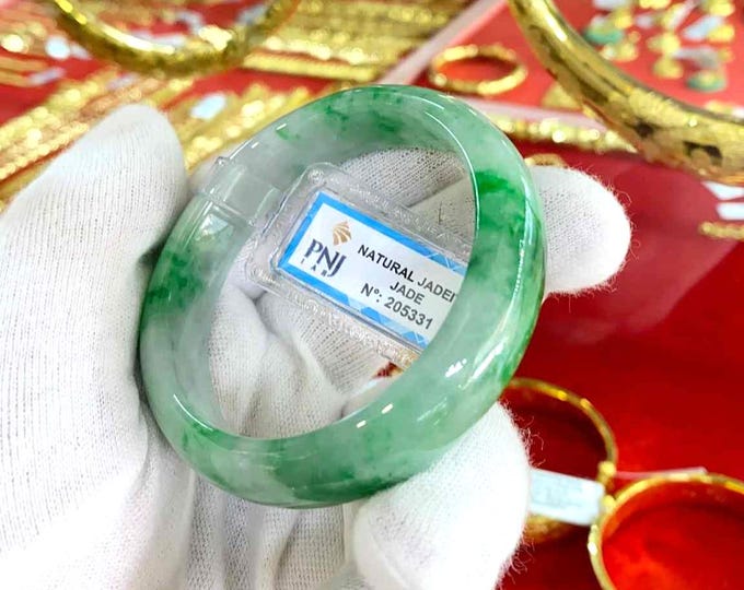 Vintage Translucent Natural Green, White Jadeite Jade Bangle Bracelet 53.8MM