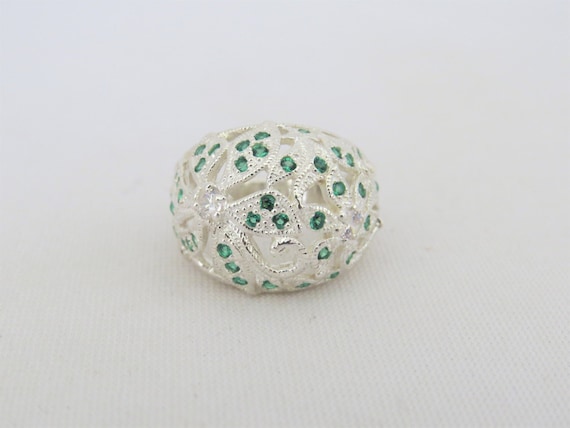 Vintage Sterling Silver Emerald & White Topaz Dom… - image 1