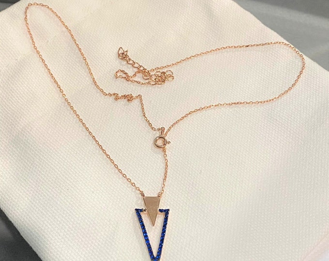 Vintage Sterling Silver Rose Gold Plate Blue Sapphire Pointed Pendant Chain Necklace 17''