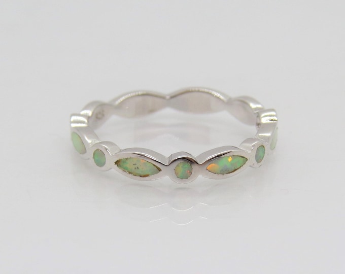 Vintage Sterling Silver Marquis, Round cut White Opal Band Ring Size 8