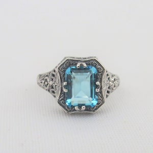 Vintage Sterling Silver Aquamarine Filigree Ring Size 8