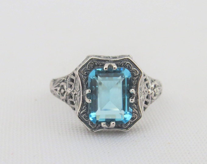 Vintage Sterling Silver Aquamarine Filigree Ring Size 8