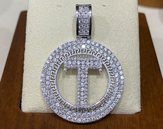 Vintage 18K White Gold 3.00ct Diamond Initials Letter T Pendant.