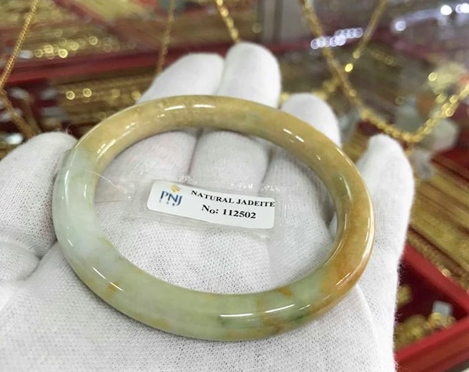 Translucent Natural Honey, Green White, Orange Jadeite Jade Vintage Bangle Bracelet 55.4MM