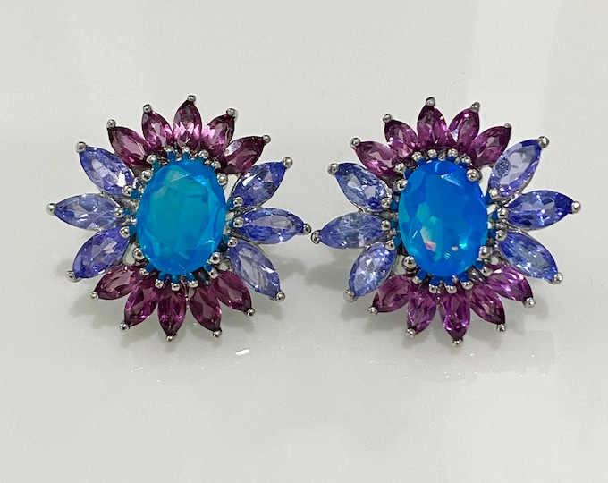 Vintage Sterling Silver Natural Blue Opal, Rhodolite & Tanzanite Earrings.