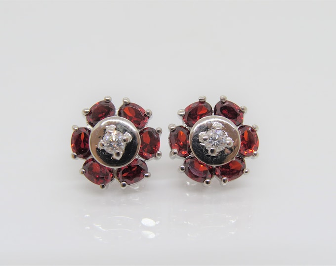Vintage Sterling Silver Dark Red Garnet & White Topaz Flower Earrings