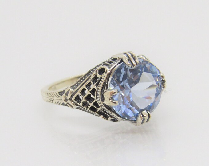 Vintage Sterling Silver Round cut Aquamarine Filigree Ring Size 7