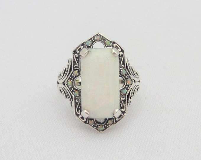 Vintage Sterling Silver White Opal Filigree Ring Size 8