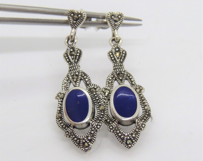 Vintage Sterling Silver Lapis Lazuli & Marcasite Earrings