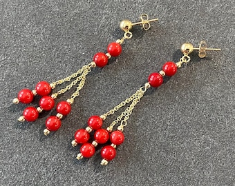 Orecchini Lunghi A Goccia Con Corallo Rosso E Placcato Oro - Chiusura A Leva - Fatti A Mano UK