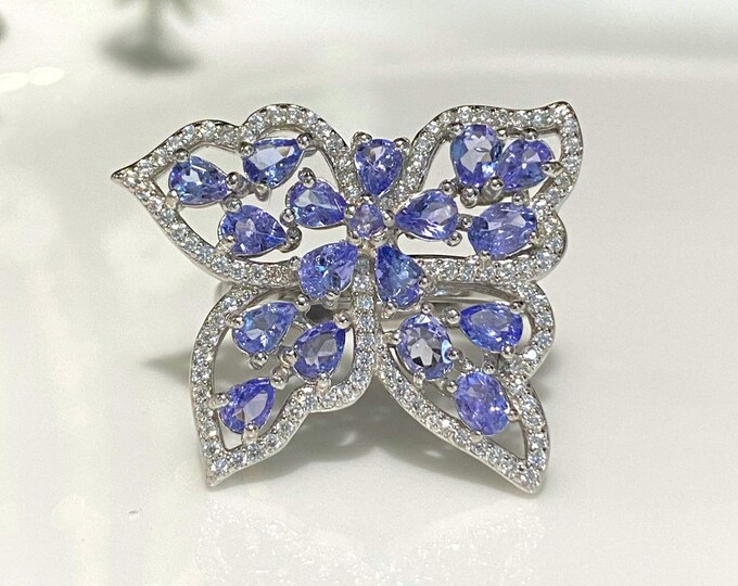 Vintage Sterling Silver Natural Tanzanite & White Topaz Butterfly Ring Size 8.5