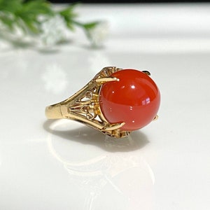 Vintage 18K Solid Yellow Gold Red Coral Filigree Ring Size 6.5