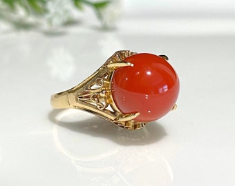 Vintage 18K Solid Yellow Gold Red Coral Filigree Ring Size 6.5