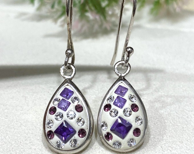 Vintage Sterling Silver Amethyst & Rhinestones Dangle Drop Earrings.