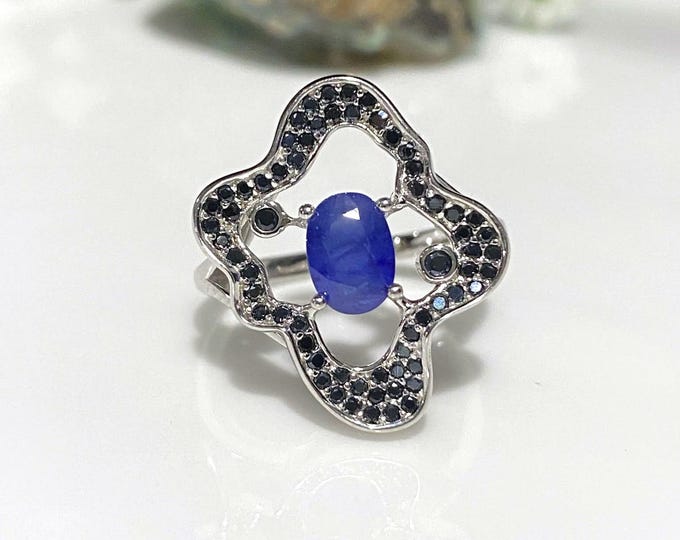 Vintage Sterling Silver Natural Blue Sapphire & Black Spinel Ring Size 7