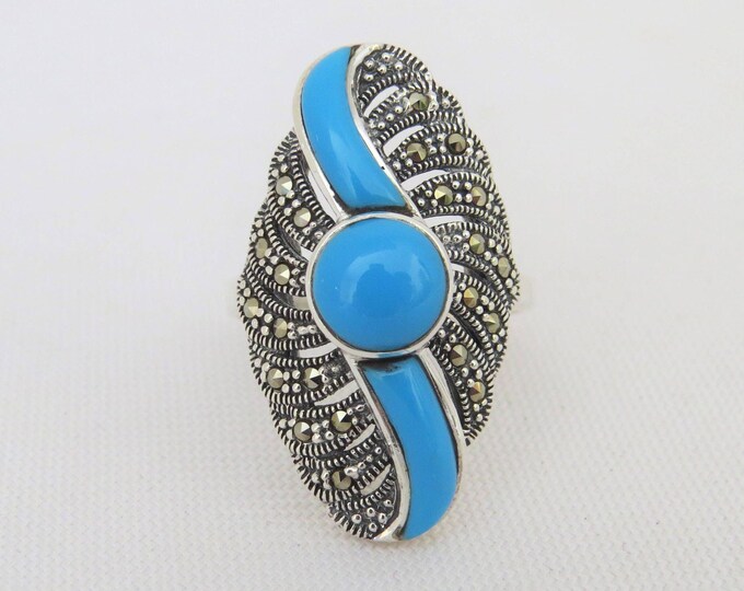 Vintage Sterling Silver Turquoise, Marcasite Long Ring Size 7