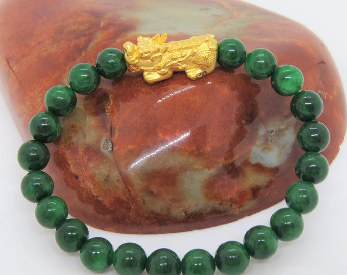 Vintage 24K 999 Pure Gold 3D Pixiu with Green Jadeite Jade Bead Bracelet 8MM