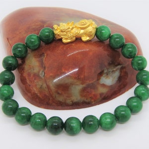 Vintage 24K 999 Pure Gold 3D Pixiu with Green Jadeite Jade Bead Bracelet 10MM