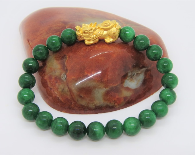 Vintage 24K 999 Pure Gold 3D Pixiu with Green Jadeite Jade Bead Bracelet 10MM