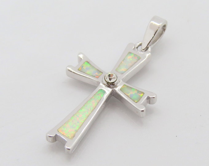 Vintage Sterling Silver White Opal & Rhinestone Cross Charm Pendant