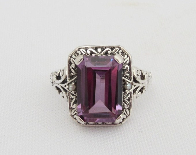Vintage Sterling Silver Alexandite & Seed Pearl Filigree Ring Size 8