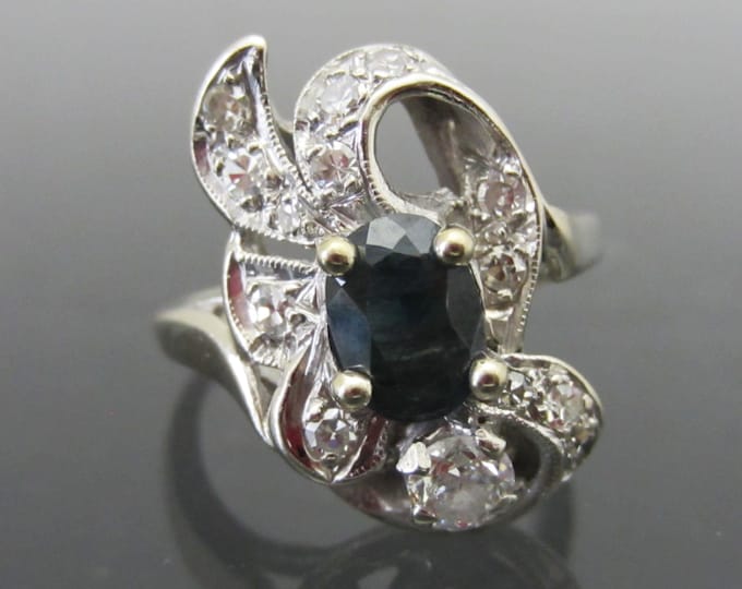 Antique Art Deco 14K Solid White Gold  1.79ct Natural Blue Sapphire & Diamond Solitaire RingSize 6