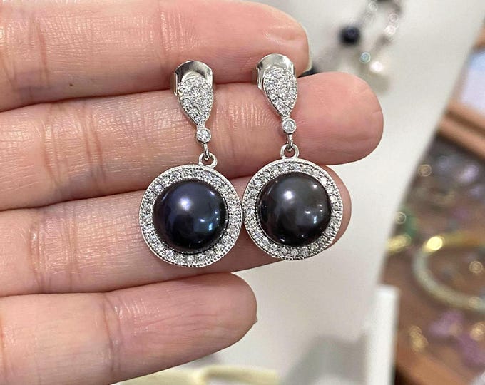 Vintage Sterling Silver Natural Tahitian Pearl & White Topaz Halo Earrings