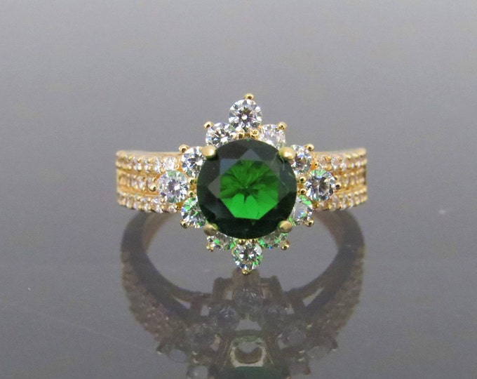 Vintage 18K Solid Yellow Gold 1.84ct Emerald & White Topaz Engagement Ring Size 5